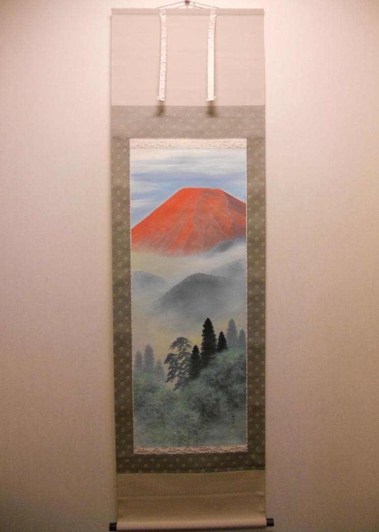 掛け軸 清水栄一 赤富士之図 絹本 希少 軸装 茶道具 掛軸 二重箱 美品