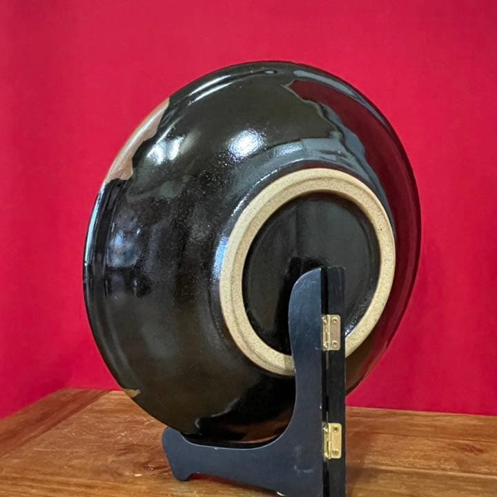 濱田庄司(浜田庄司) 黒釉流描皿 濱田友緒識箱 益子焼