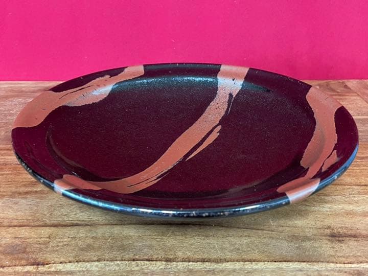 濱田庄司(浜田庄司) 黒釉流描皿 2024 濱田友緒識箱 益子焼人間国宝