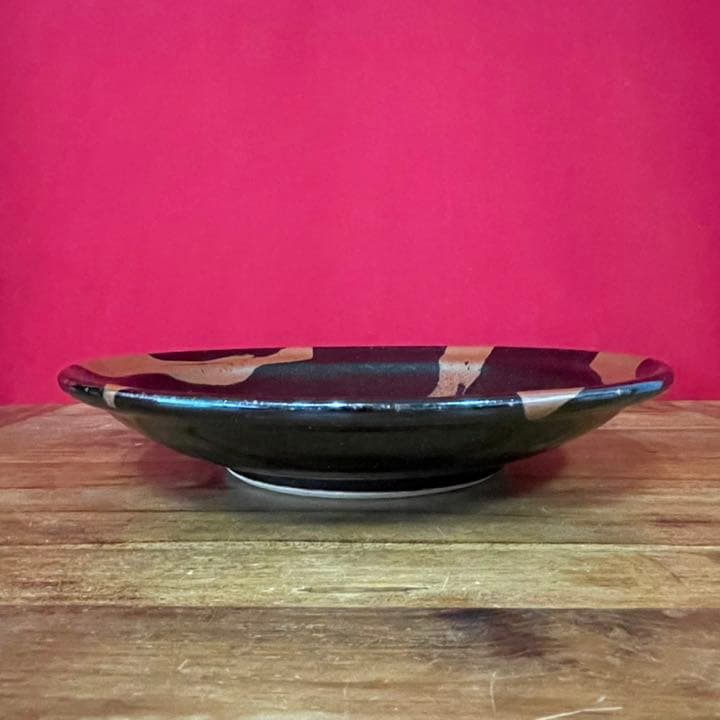 てつ様専用濱田庄司(浜田庄司) 黒釉流描皿 濱田友緒識箱 益子焼人間