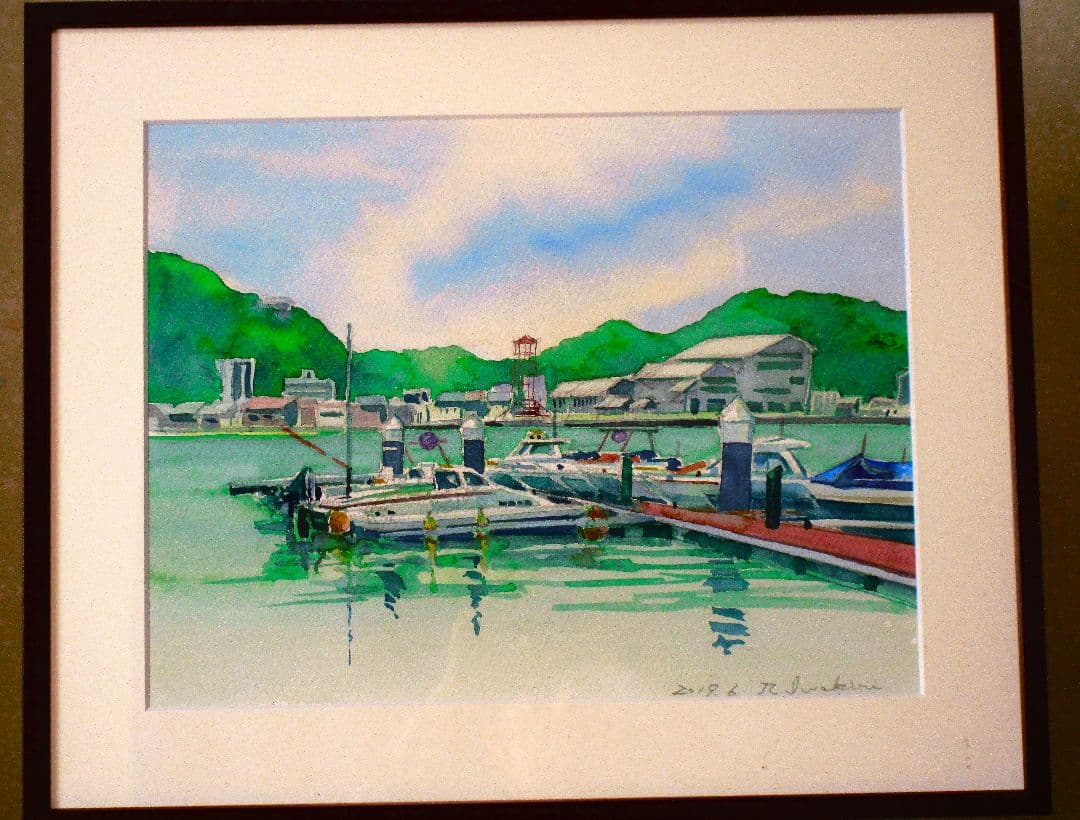 水彩画 港の風景 原画 額縁付き F6サイズ