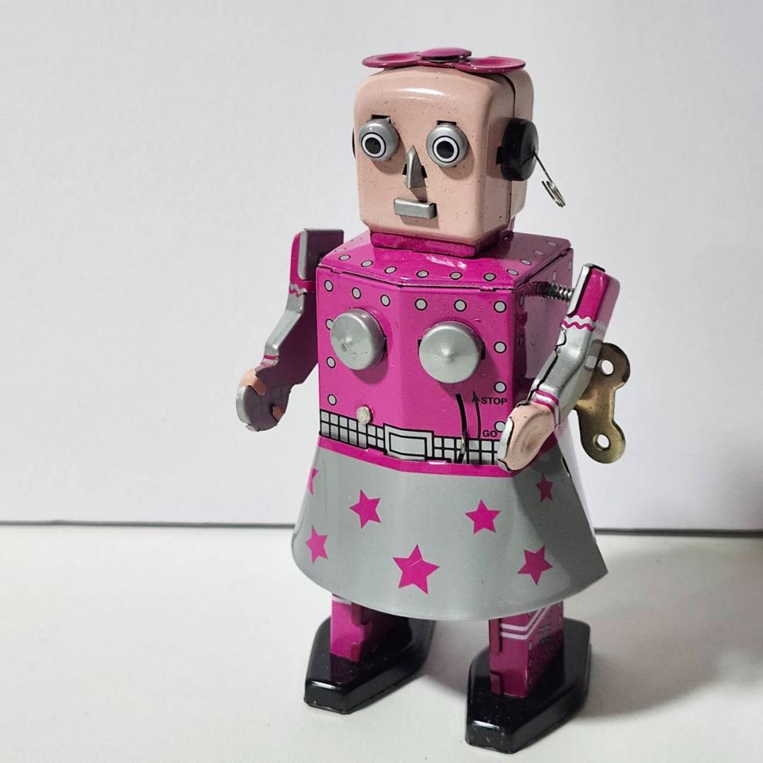 ブリキ ロボット ネジ巻き 女の子デザイン 昭和レトロ