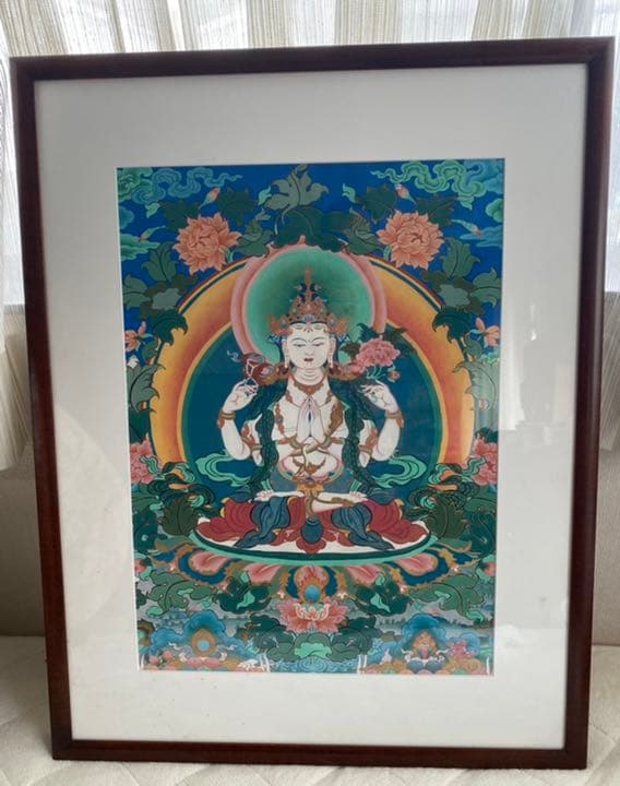 チベット 観音菩薩のタンカ 仏画 額入り