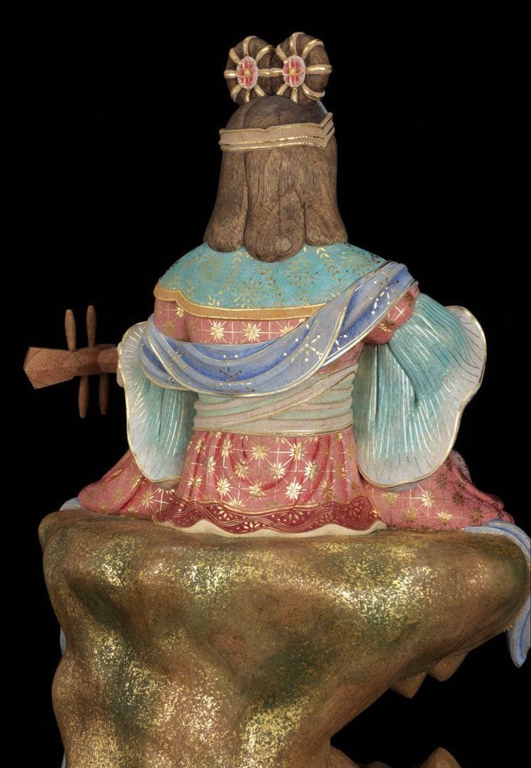 現代大仏師 向吉悠睦 秀逸作 木彫彩色像 琵琶を奏でる天女 ガラス