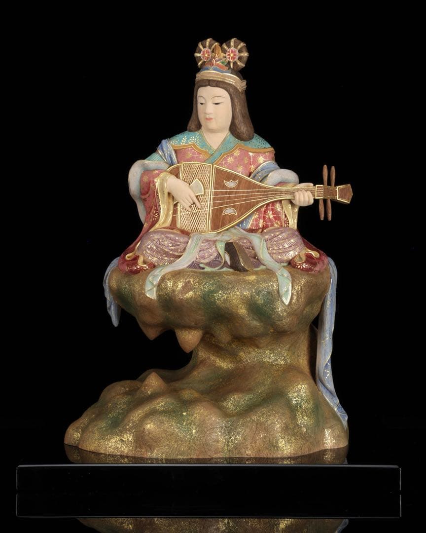 現代大仏師 向吉悠睦 秀逸作 木彫彩色像 琵琶を奏でる天女