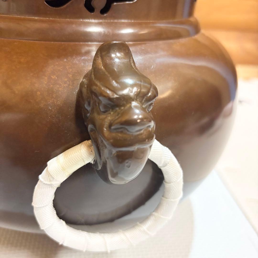 美品】高岡鋳師 金森紹栄作 南鐐摘み平丸霰釜添 唐銅鬼面