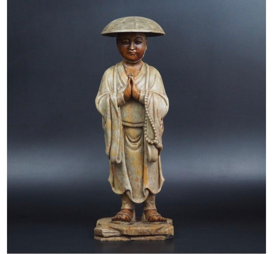 送料無料 寿山石細密彫刻 弘法大師像 高さ30cm
