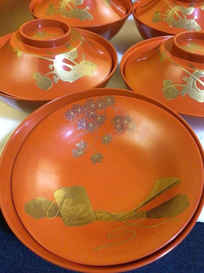 木製 蒔絵入り吸物椀10客 蓋の内側にも蒔絵