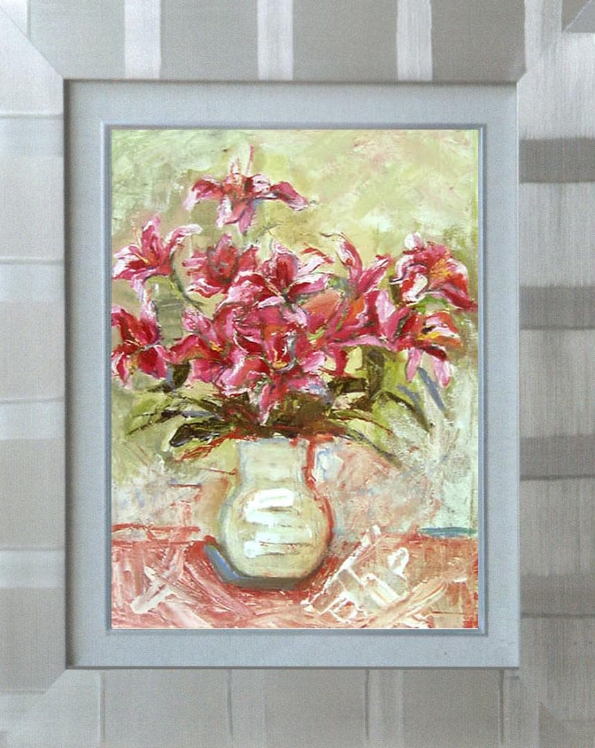 油絵 菅家令子 絵 絵画インテリア額付(青緑＋金色の枠)uF6-070902ゆり