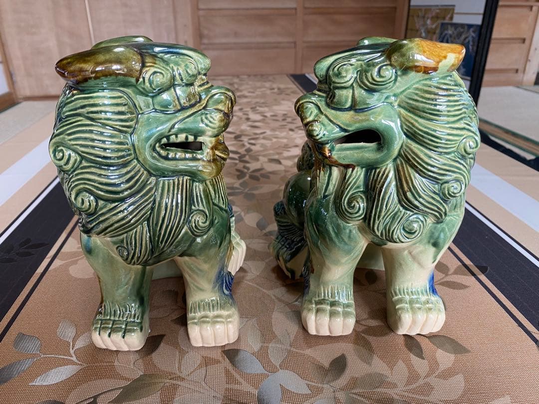 希少】陶器製 碧青シーサー2体（1体タテ22cmヨコ22cm奥行14cm）