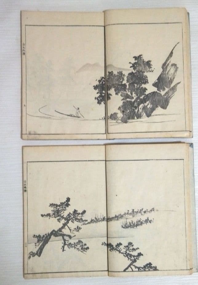 黒摺り木版画本素絢山水畫譜(山口素絢)上下二冊売り