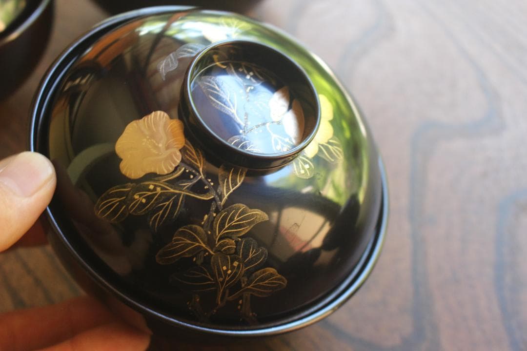 ばら売り可！上質黒漆に極上絵替草花蒔絵のお椀6点（検輪島塗蒔絵椀懐石椀