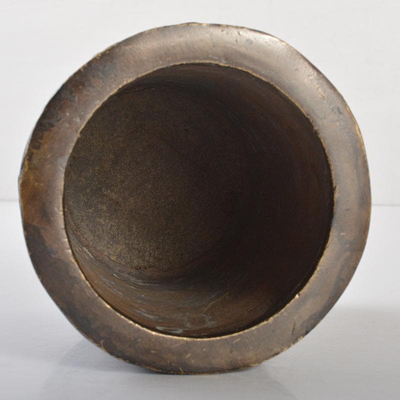 中国　書道具　大清清乾隆年製　古銅　山水人物透かし彫　筆筒　C　5953