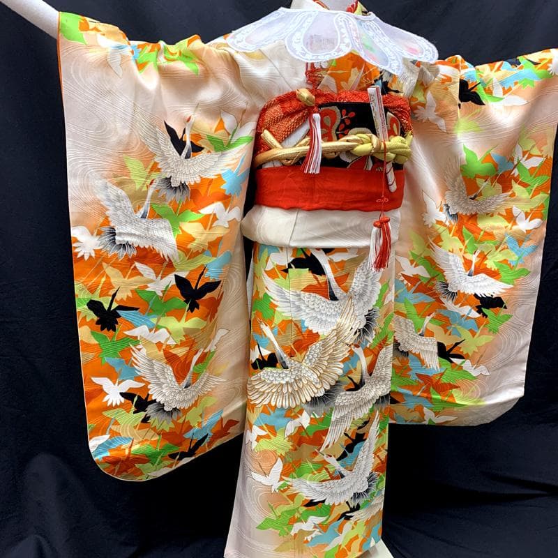 511ag12□七五三 七歳 女児 着物&袋帯&長襦袢 金彩 地紋 鶴□状態良好