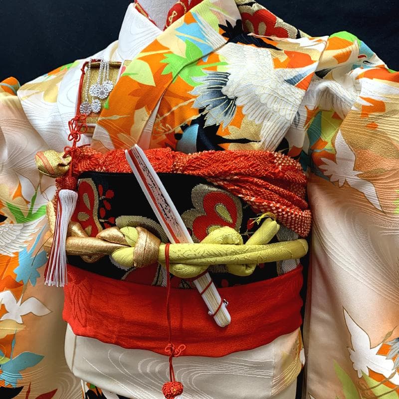 511ag12□七五三 七歳 女児 着物&袋帯&長襦袢 金彩 地紋 鶴□状態良好