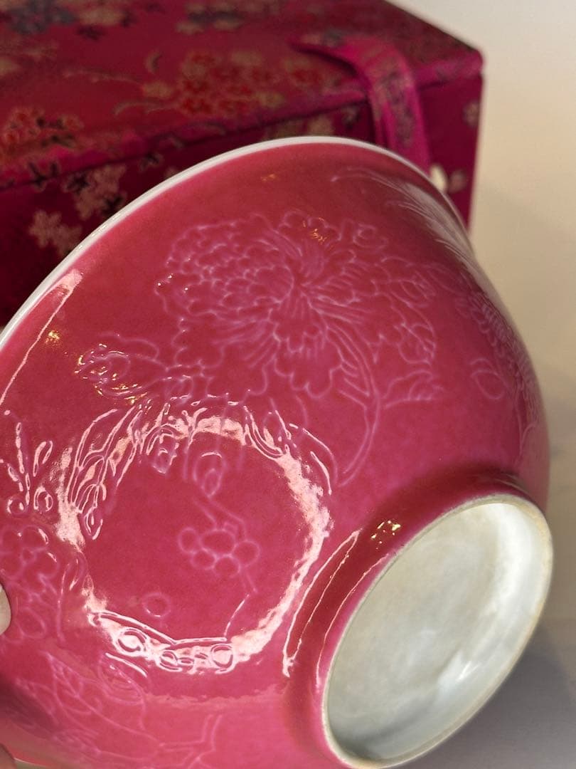 玫紅釉 粉釉 花卉文 碗 荷花・向日葵・牡丹文 中国古美術 時代物