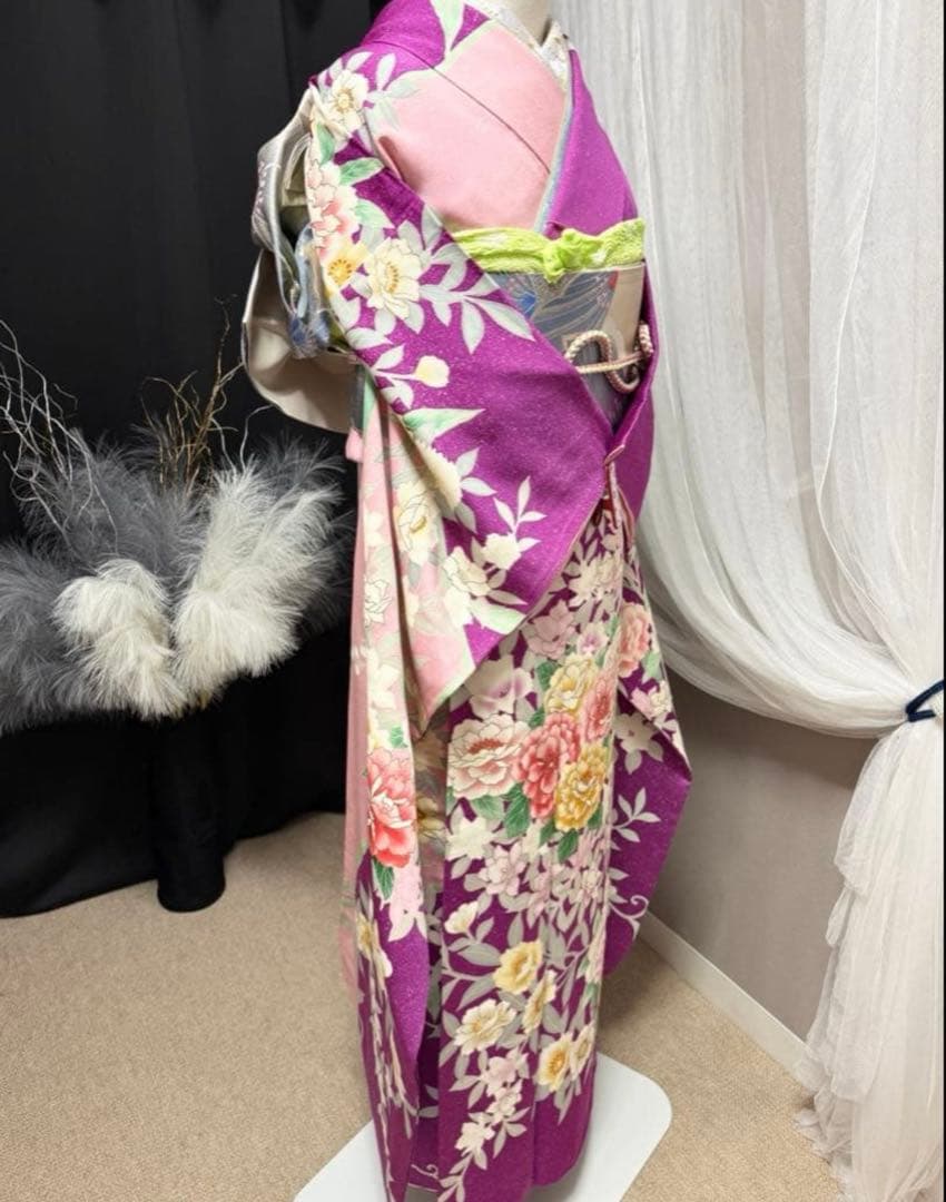 美品 正絹 振袖 単品販売 パープル ピンク 157〜167cm