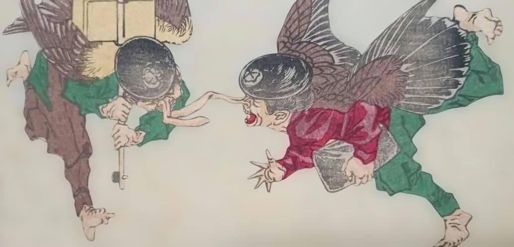 浮世絵版画、芳年略画4枚売り中版、天狗、頼政、忠盛、宇治の