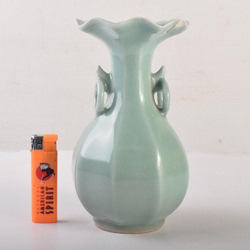 中国　龍泉窯　粉青釉　桔梗口双耳瓶　花入　C　6943