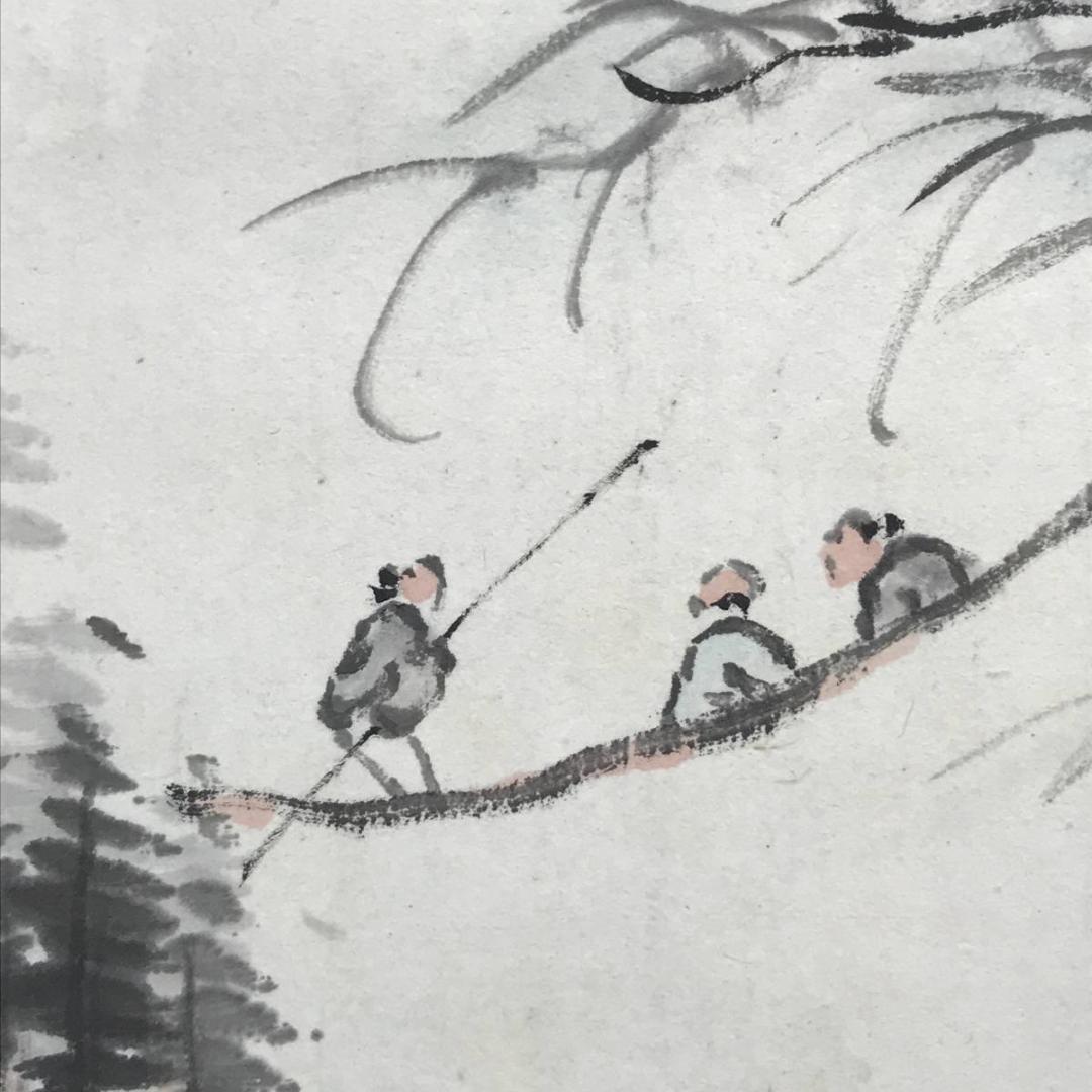 【真作】錦江/山水遊舟画賛/山水図/掛軸/名家伝来/AC-238