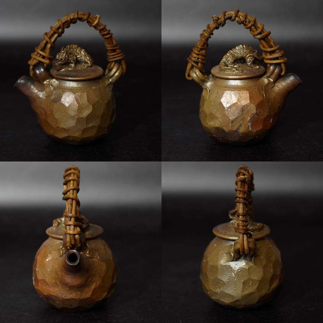 SNT727 備前焼 竹内靖之 造 龍摘み 籐手付き 面取り 土瓶 煎茶道具