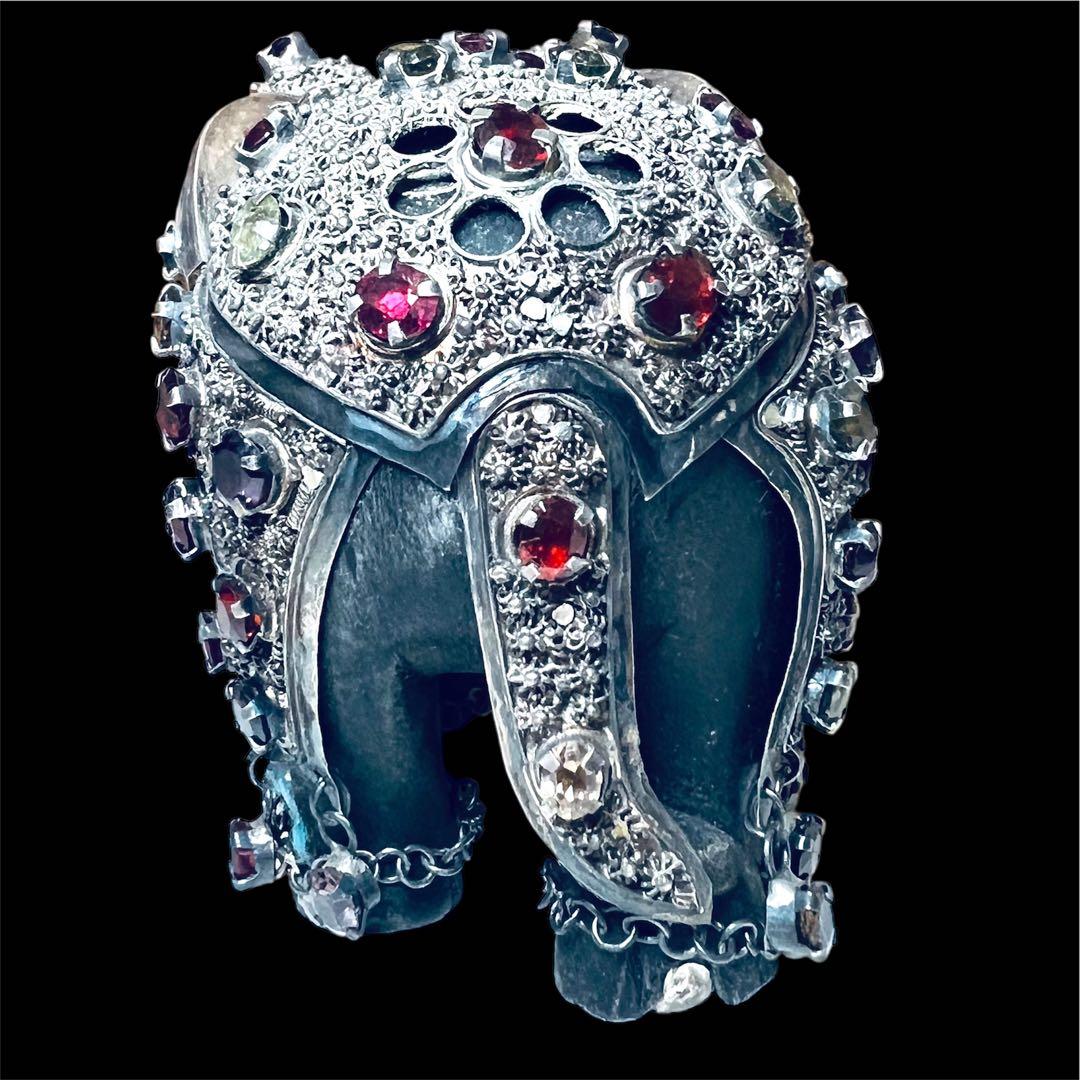 鸛《珍品》豪華 中国美術 黒檀木彫 象 置物 宝石装飾 七宝 チベット 骨董