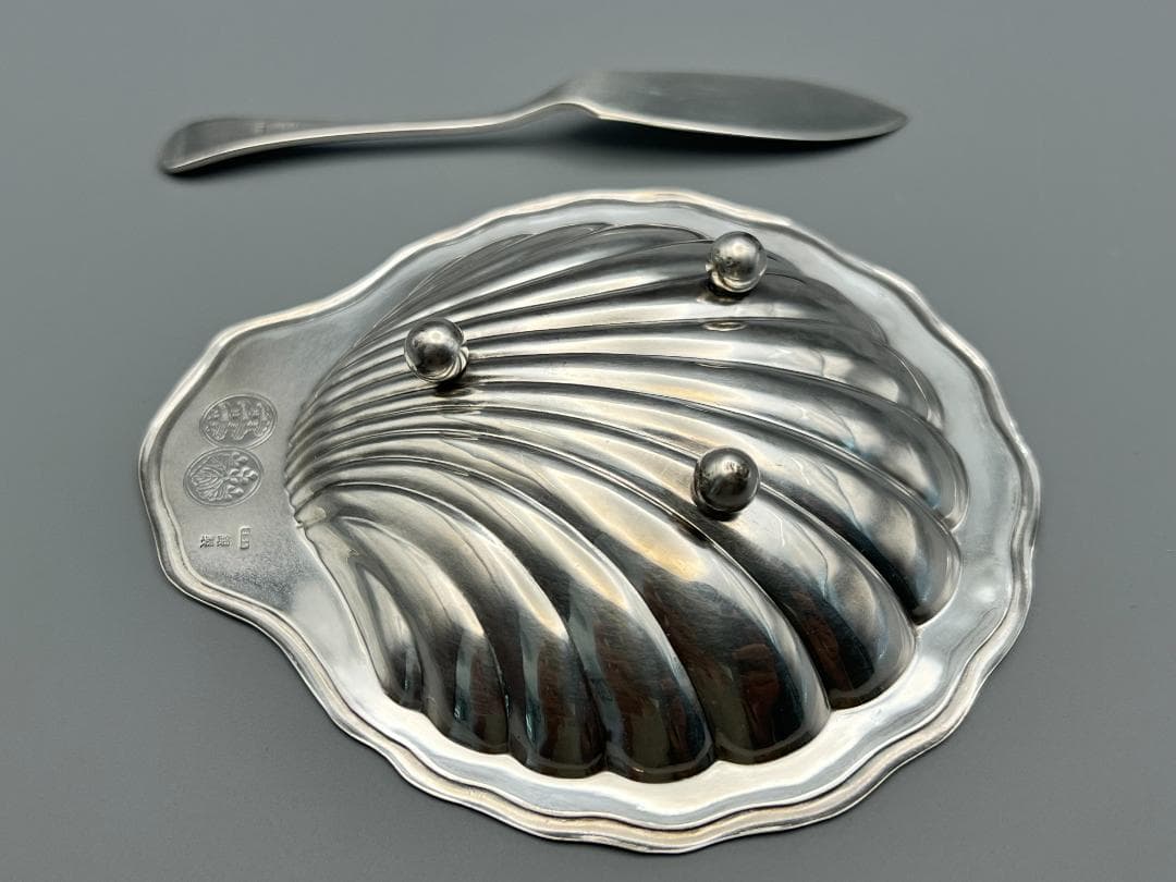 日出島 銀製 刻印 シルバートレイ バターナイフ シェル型トレイ 総重量