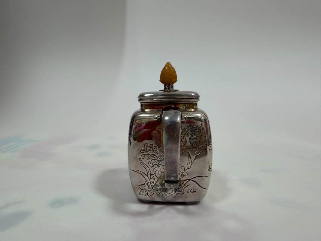 純銀製 四面取 草花文様 玉石摘 急須 銀瓶 煎茶道具