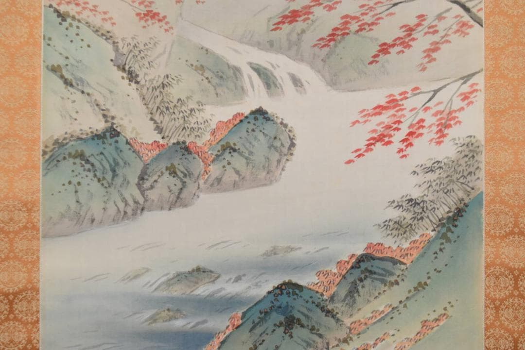 【真作】秋吉玄圃/春渓秋色図/紅葉山水図/秋景山水図/掛軸☆宝船☆AB-85