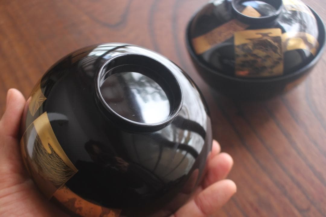 時代逸品！時代黒漆に極上短冊蒔絵の映えるお椀2点（検輪島塗蒔絵椀