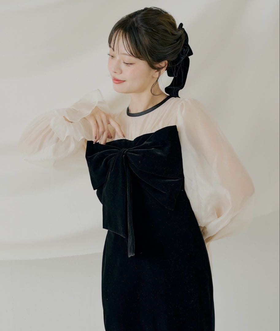 【SALON by Chico】配色シアーリボンベロアワンピース/オケージョン