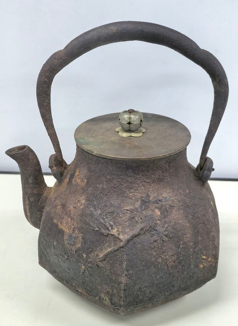 龍文堂鉄瓶 龍文堂造 六角 紅葉 桃 小鳥模様 アンティーク 希少 現状 中古