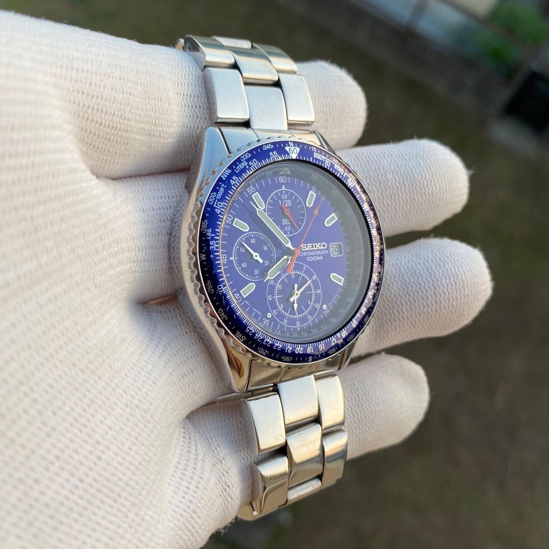 SEIKO クロノグラフ 100M クォーツ 腕時計 ブルー文字盤