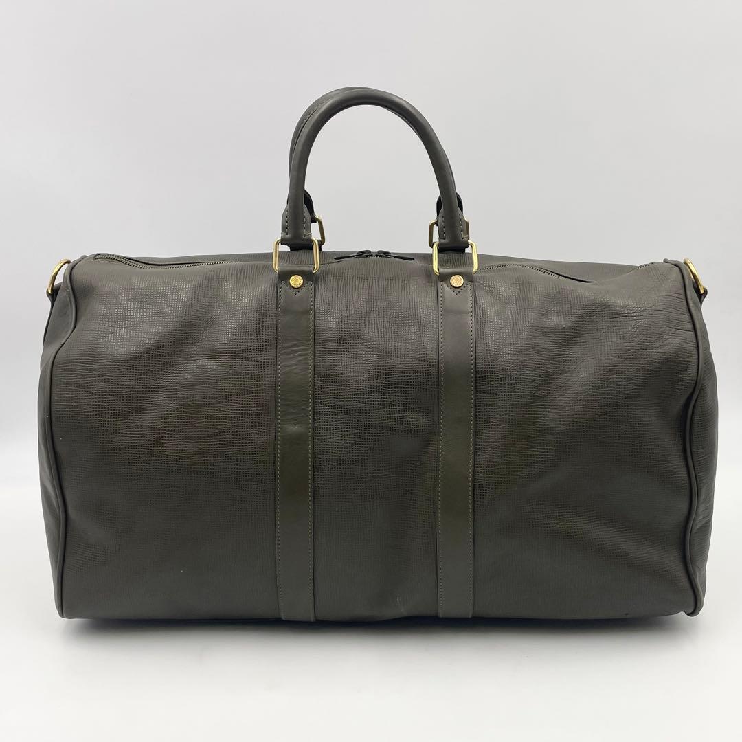 ハンティングワールド ボストンバッグ ゴールドロゴ レザー カーキ 大容量