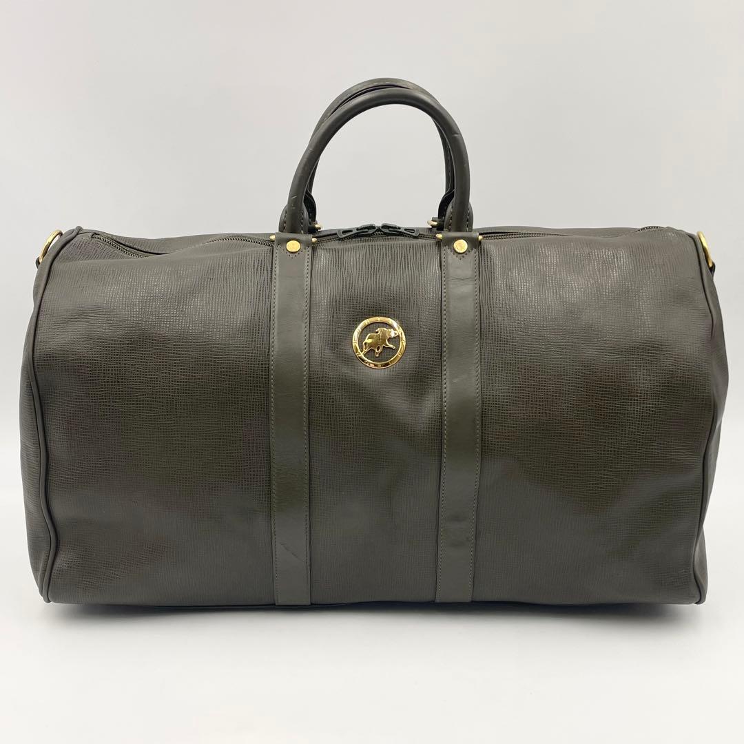 ハンティングワールド ボストンバッグ ゴールドロゴ レザー カーキ 大容量