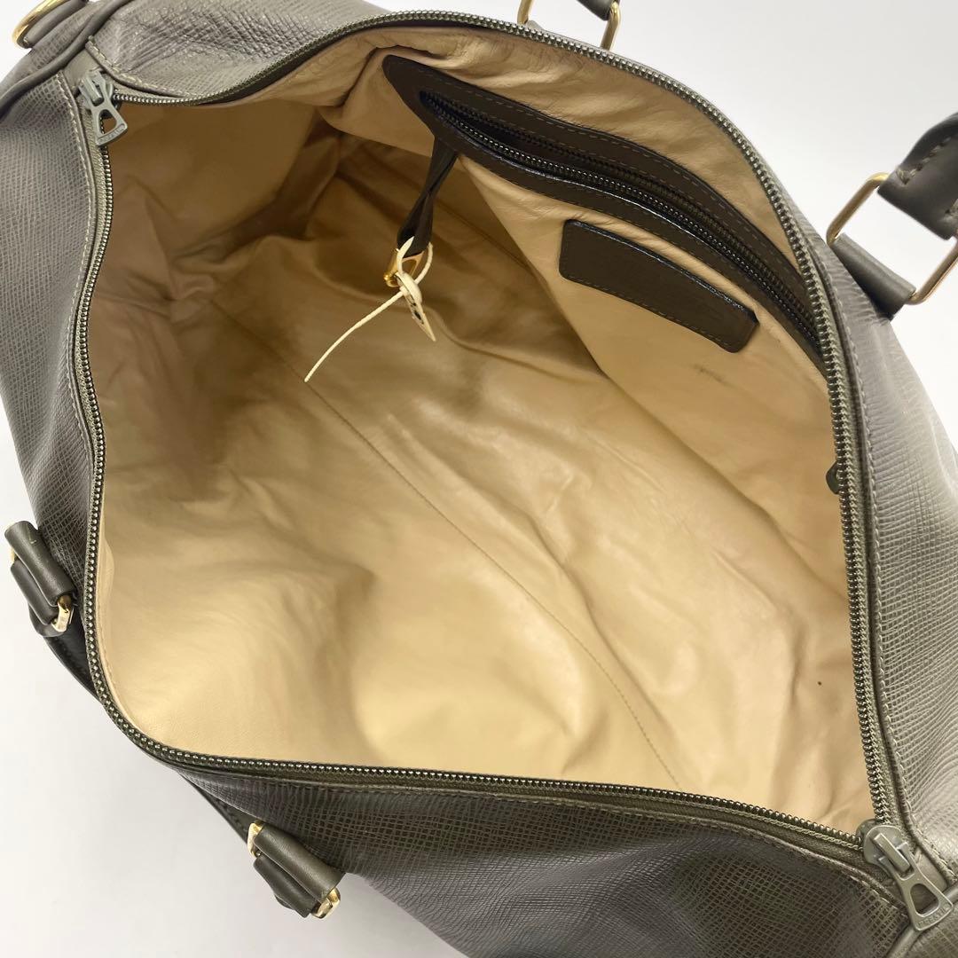 ハンティングワールド ボストンバッグ ゴールドロゴ レザー カーキ 大容量