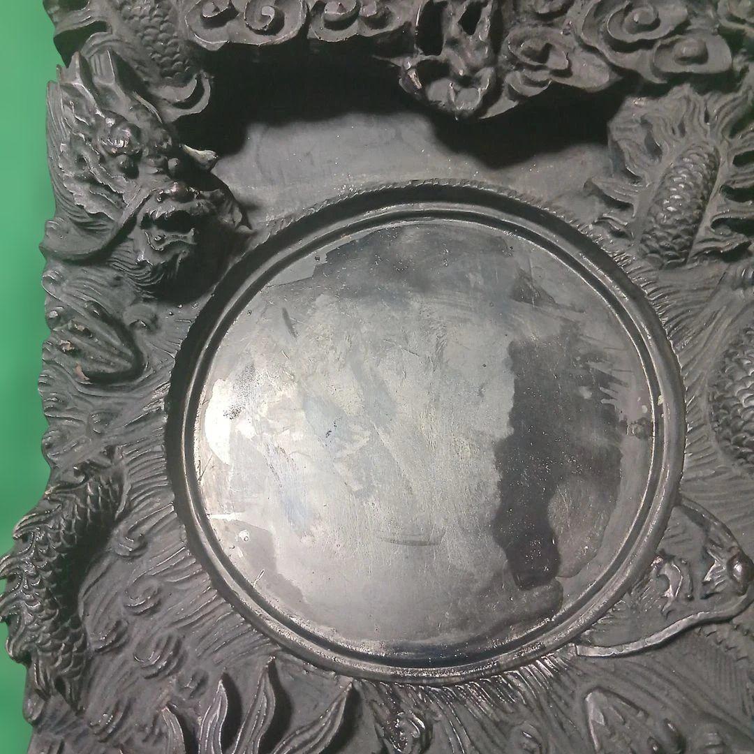 中国端渓麻子坑？の天然硯、素晴らしく迫力ある雲龍の彫刻、裏面に由来？