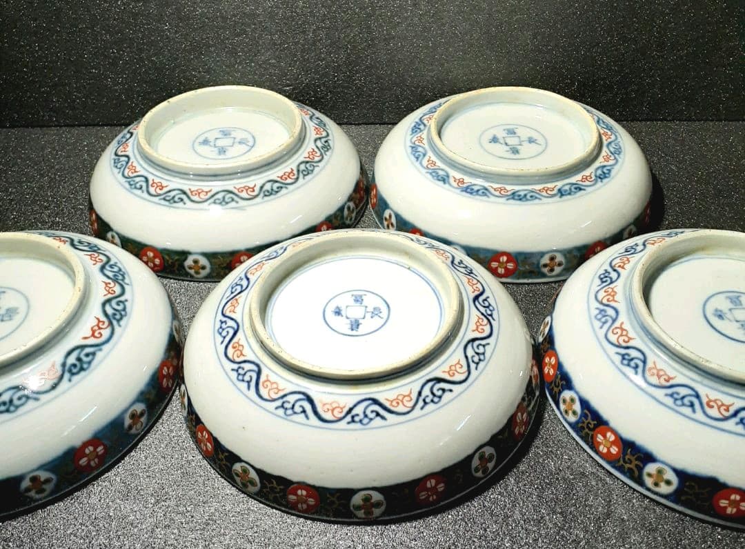 江戸時代後期　献上古伊万里　染錦　鳳凰に桐葉文様　15.4cm   深皿　5客