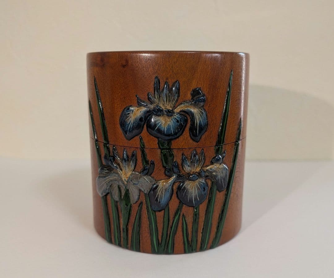 茂利漆』茶器 光宣作 棗 菖蒲 茶道具 茶入 中次 木彫 あやめ 吹雪