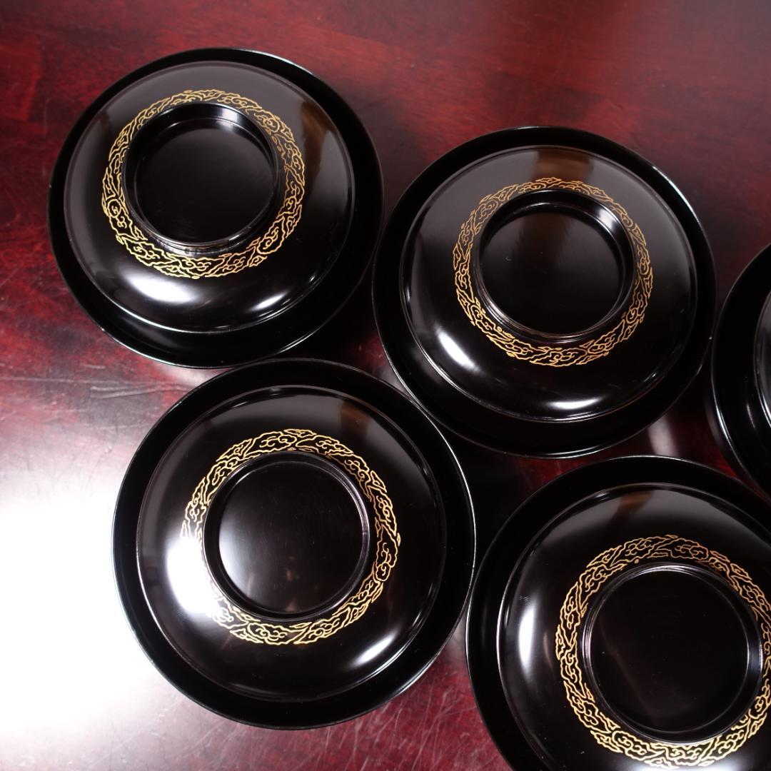 輪島塗 黒塗 見返月に双鶴蒔絵 椀 5客 天然木製漆器