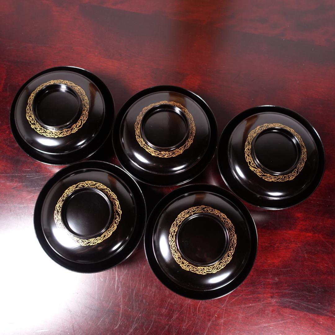 輪島塗 黒塗 見返月に双鶴蒔絵 椀 5客 天然木製漆器