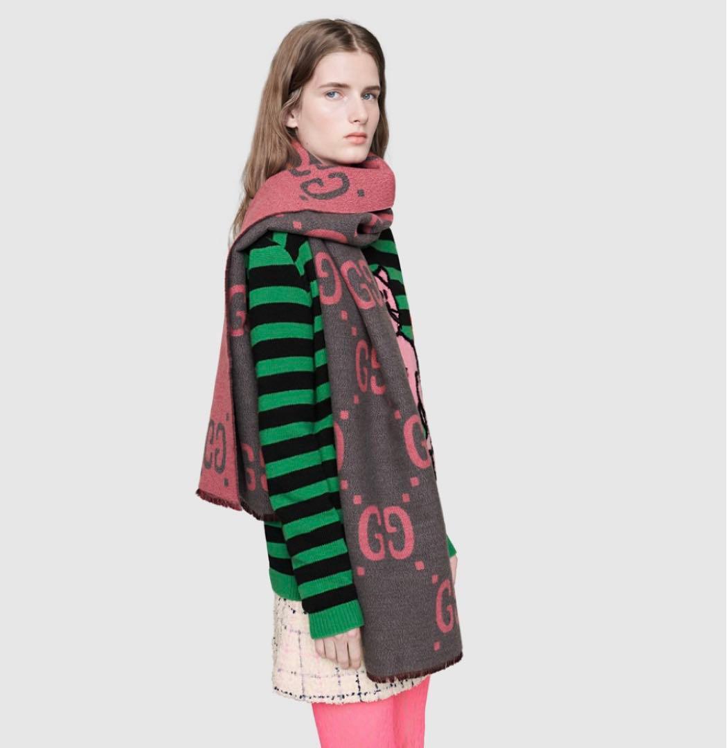 GUCCI GGロゴマフラー グレー/ピンク 37x190cm