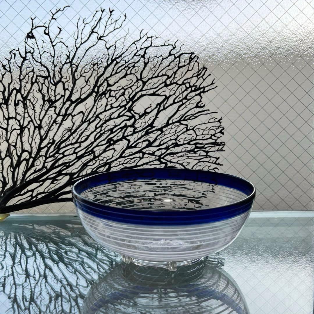 骨董 時代ガラス 瑠璃色フチ 希少 千段 糸巻き輪鉢 菓子器 氷コップ