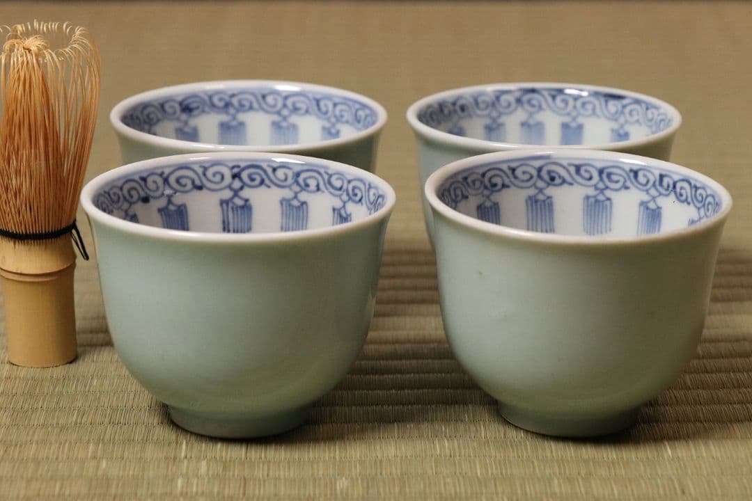 【CM78】古伊万里 青磁 染付 猪口 四客 陶芸 湯呑 酒器 小鉢 向付 懐石