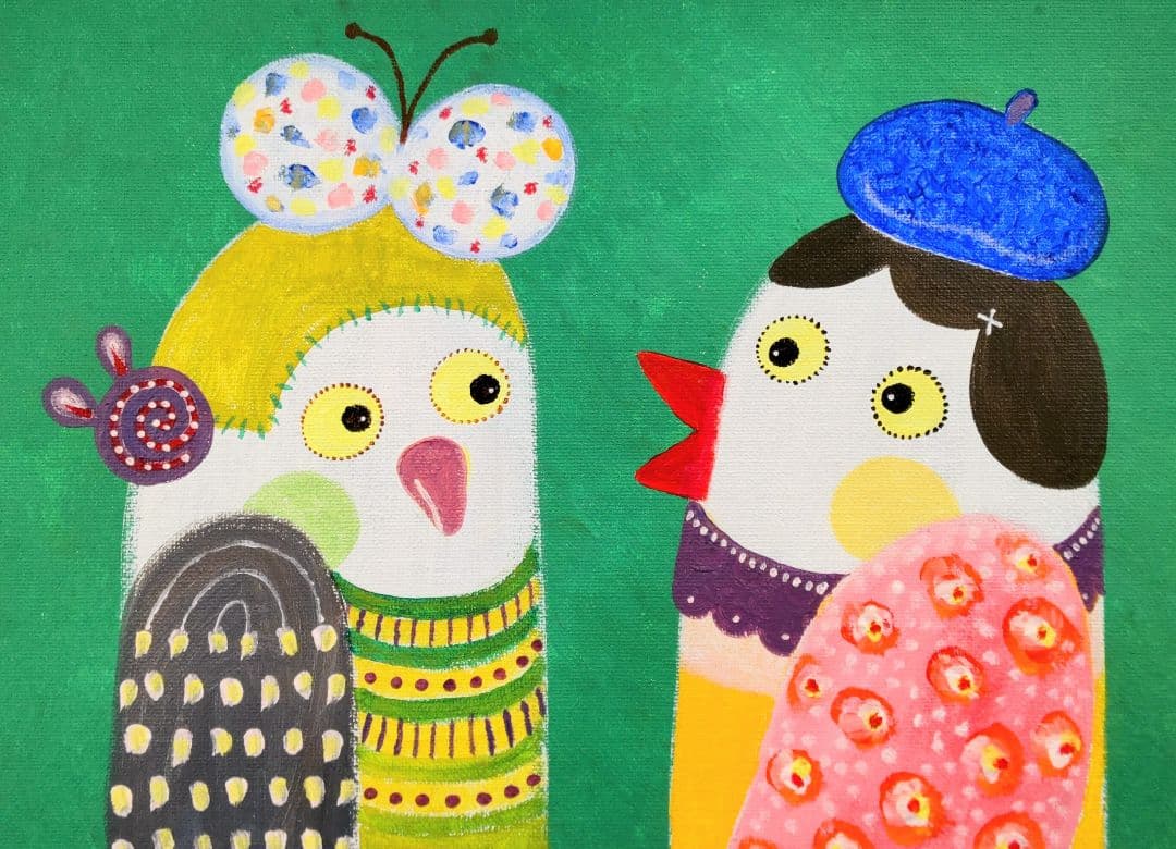 絵画 原画『話せる聞ける』キャンバス(F4号) 一点物 真作 鳥 インテリア