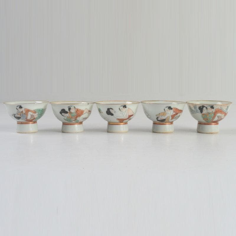 九谷焼 浮世絵 艶絵 春画 盃 五客 時代箱付 C 9238
