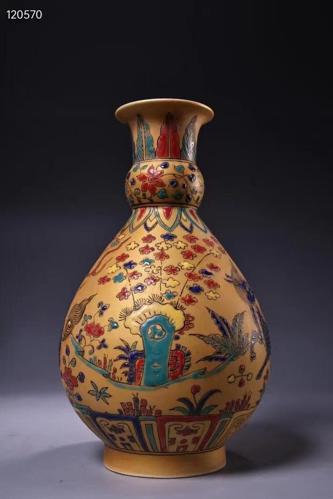 中国古美術・純手描き金陶花瓶・大明成化紋・箱付き・稀有品・