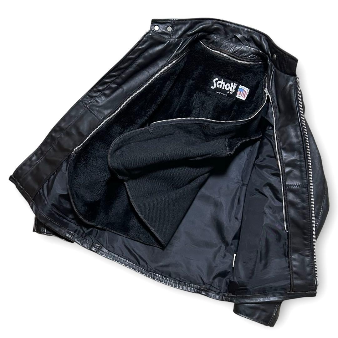 Schott 641 レザー シングルライダース ボアライナー付 34 ブラック