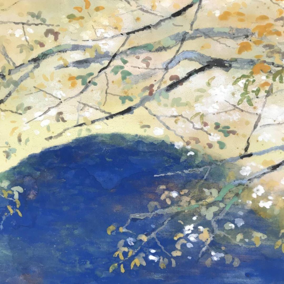 真作/浜孤嘯/廣沢池/桜図/春の掛軸/山水図/横物/掛軸