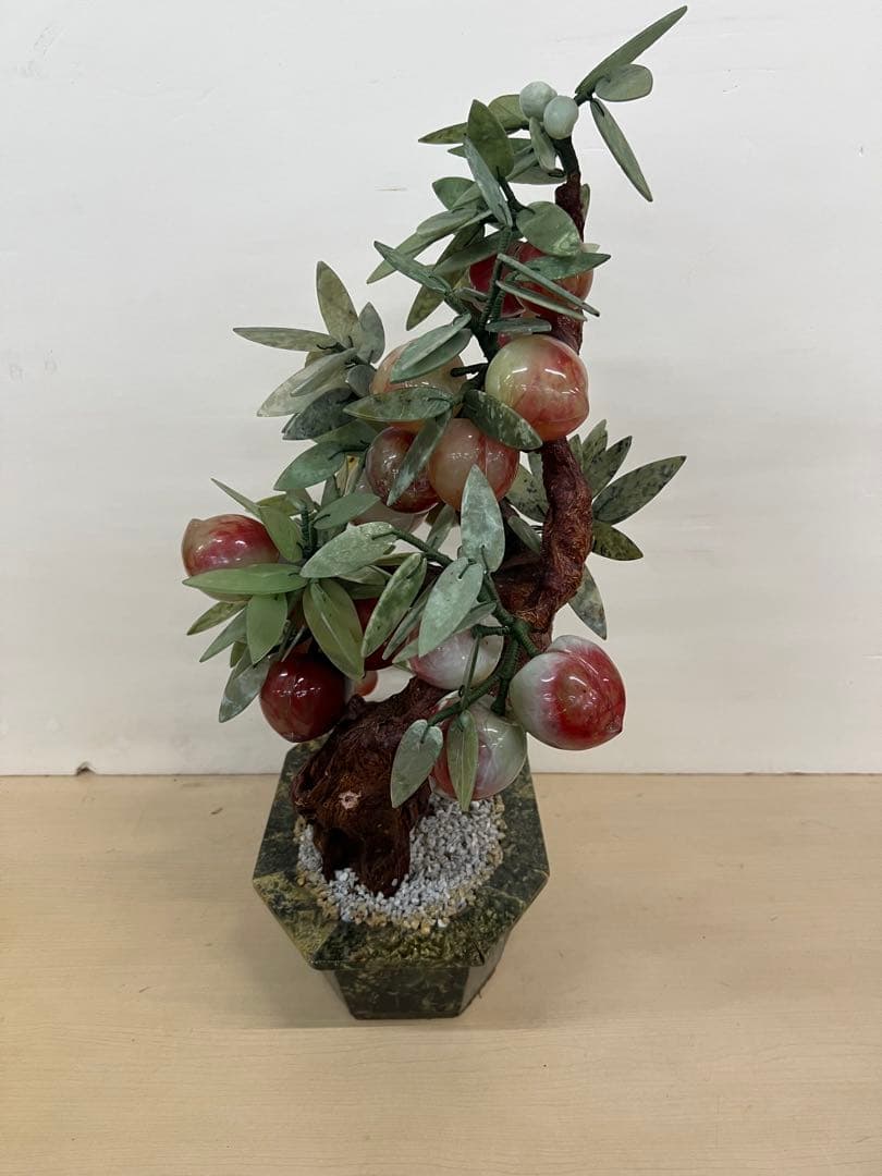 中国美術 桃樹玉石 桃木玉石盆栽 景泰藍 石細工彫刻 置物 縁起物